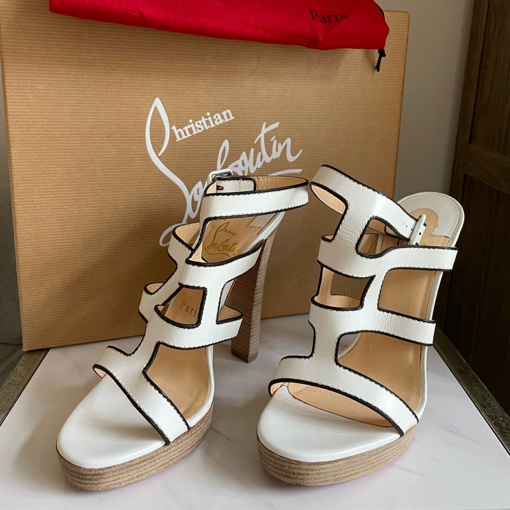 Christian Louboutin Sandals white with black trim & light wood heel. Barely worn